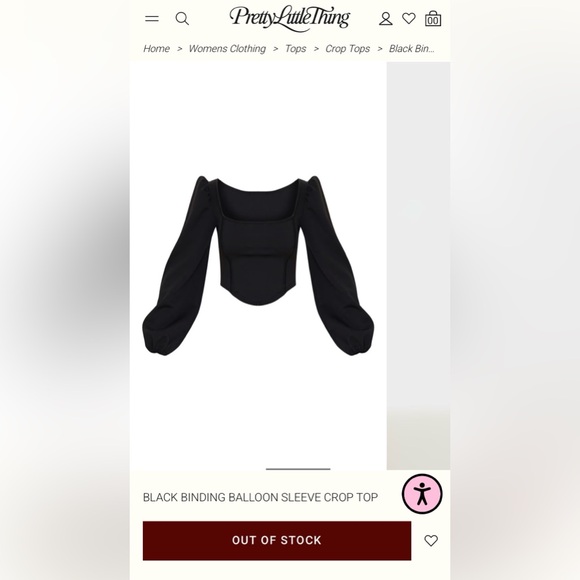 PrettyLittleThing BLACK BINDING BALLOON SLEEVE CROP TOP - Picture 5 of 5